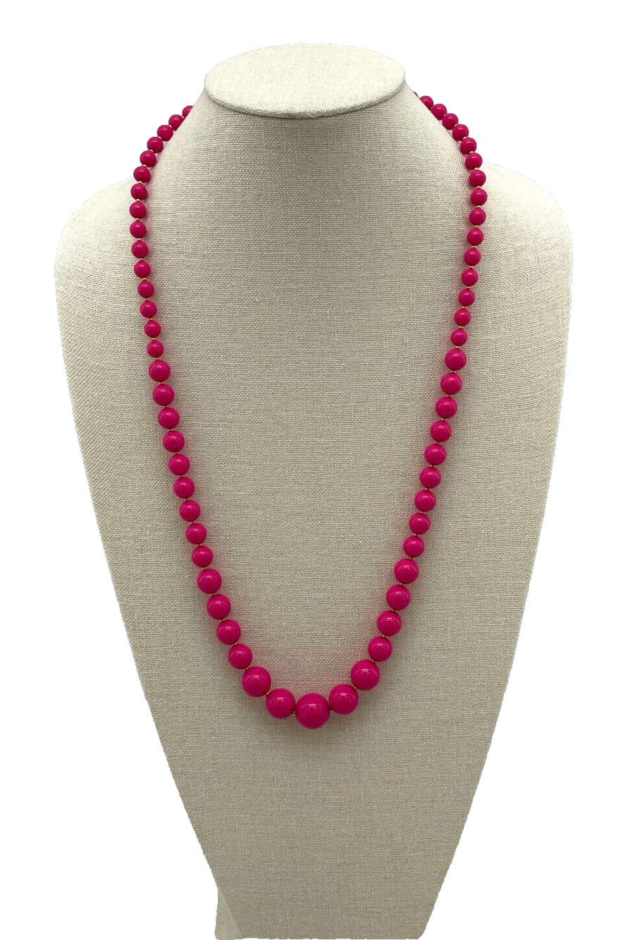 Vintage Hot Pink Beaded Necklace w/ Gold Tone Ball Spacers Fashion Jewelry 30"